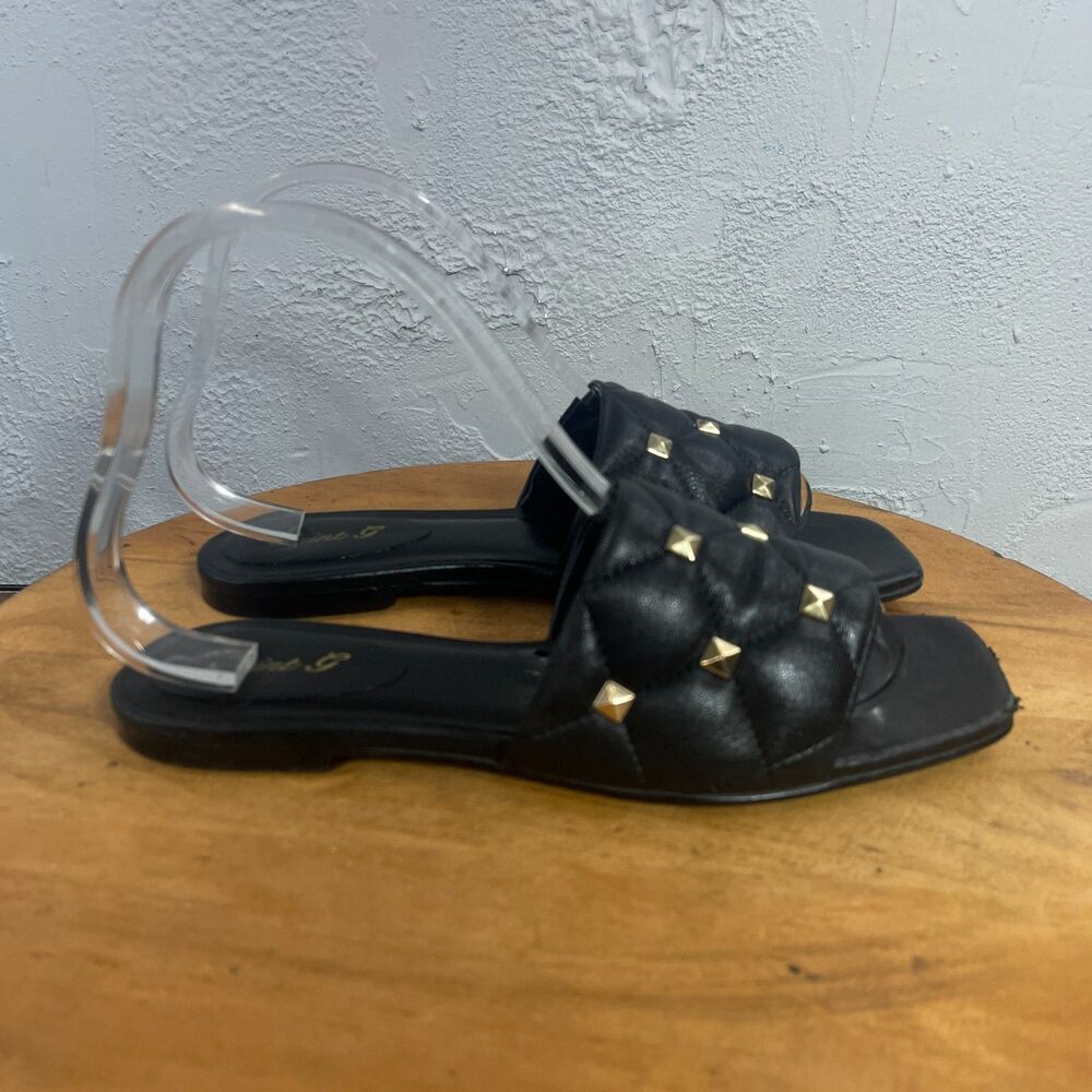 Saint G Ludovica Sandals Women 8 EU 38 Black Leather Quilted Gold Studded Luxury